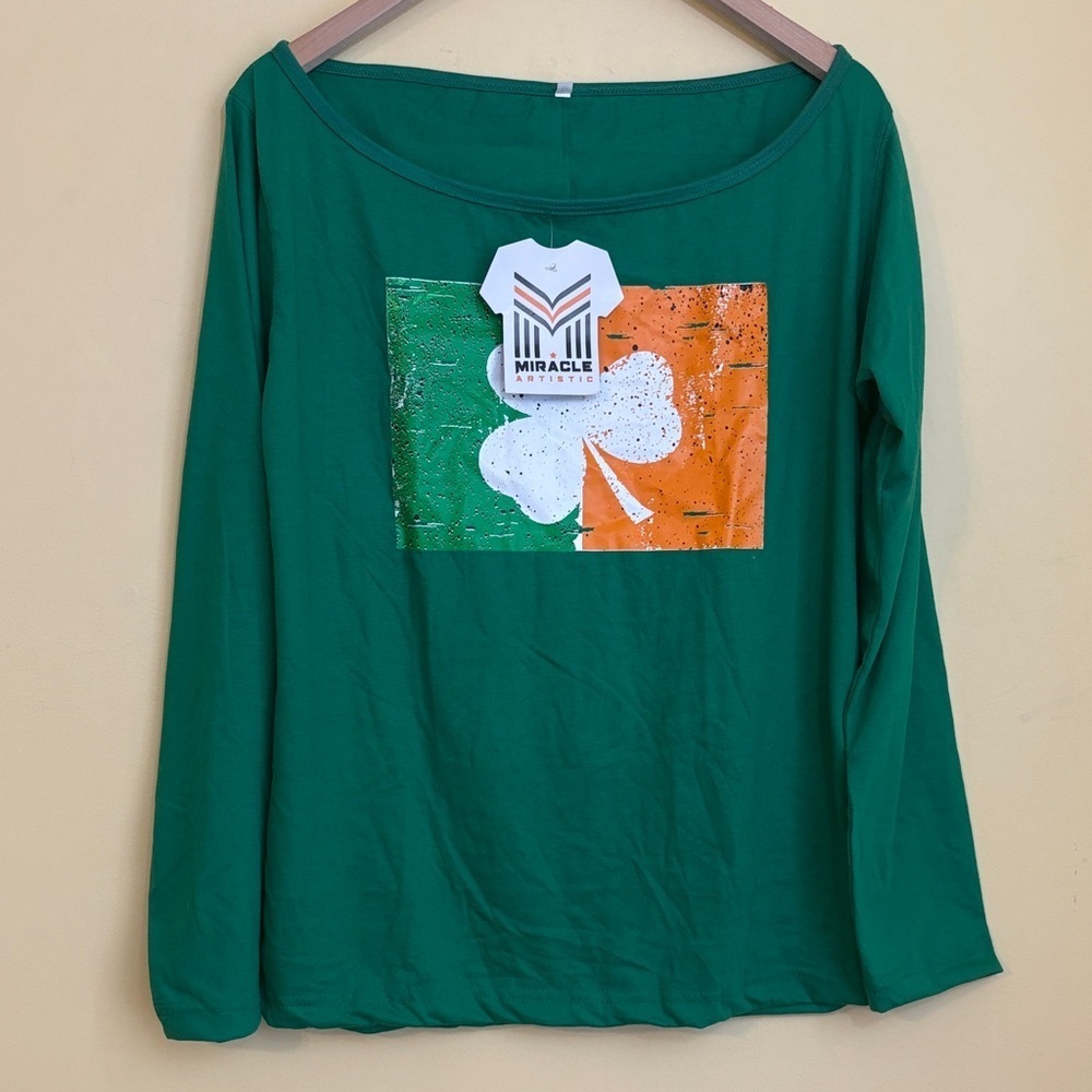 Miracle Artistic NWT Green Orange Shamrock Long Sleeve Boatneck Shirt Top Tee M - Picture 3 of 9